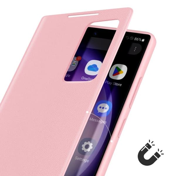 Fönsterfodral för Samsung Galaxy S23 Ultra med kortficka i rosa