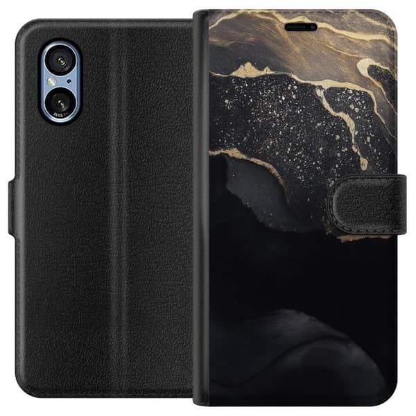 Sony Xperia 5 V Tegnebogsetui Sort guld abstrakt