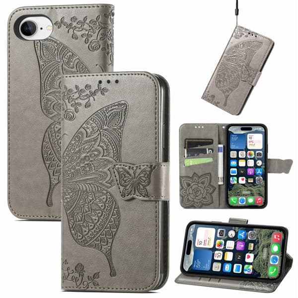 iPhone 16e Fodral Med Fjäril Tryck Grå