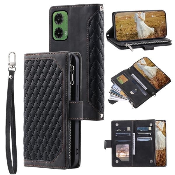 Motorola Moto G35 5G Plånboksfodral Rhombus Läder Svart