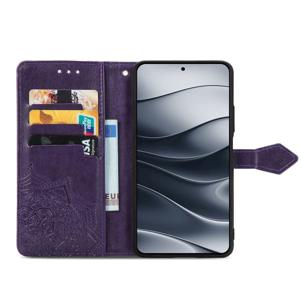 Xiaomi Redmi Note 14 5G Fodral Läder Mandala Tryck Mörk Lila
