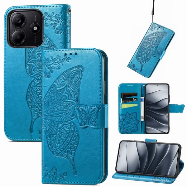 Xiaomi Redmi Note 14 5G Fodral Läder Fjäril Tryck Blå