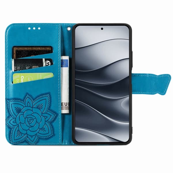 Xiaomi Redmi Note 14 5G Fodral Läder Fjäril Tryck Blå