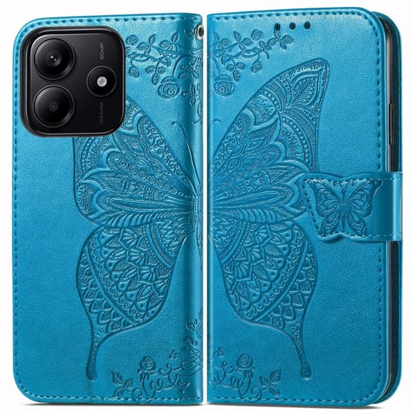 Xiaomi Redmi Note 14 5G Fodral Läder Fjäril Tryck Blå