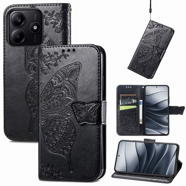 Xiaomi Redmi Note 14 5G Fodral Läder Fjäril Tryck Svart