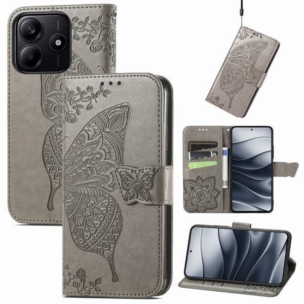Xiaomi Redmi Note 14 5G Fodral Läder Fjäril Tryck Grå