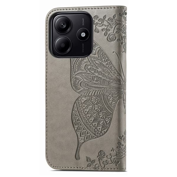 Xiaomi Redmi Note 14 5G Fodral Läder Fjäril Tryck Grå