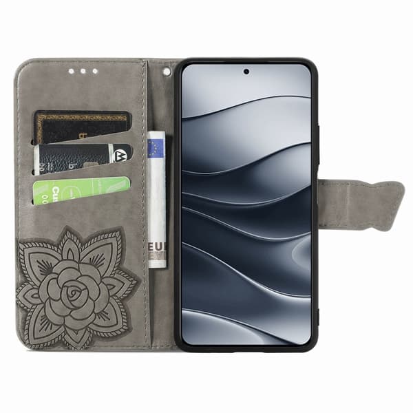 Xiaomi Redmi Note 14 5G Fodral Läder Fjäril Tryck Grå