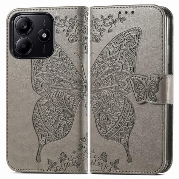 Xiaomi Redmi Note 14 5G Fodral Läder Fjäril Tryck Grå
