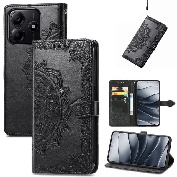 Xiaomi Redmi Note 14 5G Fodral Läder Mandala Tryck Svart