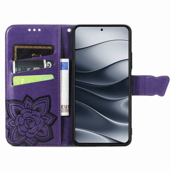 Xiaomi Redmi Note 14 5G Fodral Läder Fjäril Tryck Mörk Lila