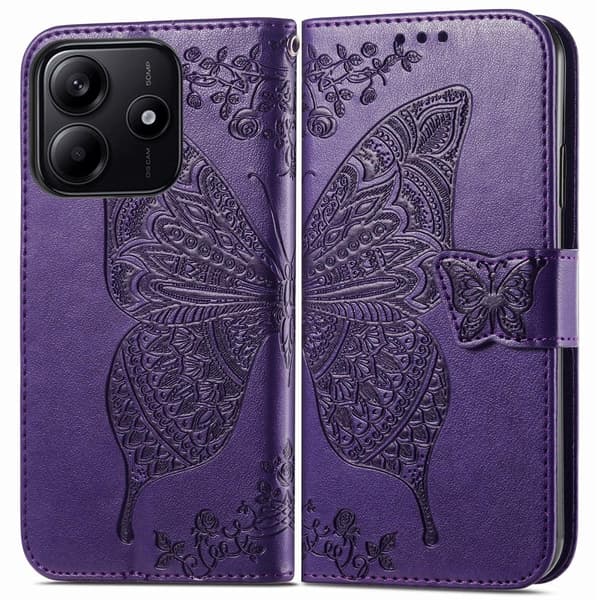 Xiaomi Redmi Note 14 5G Fodral Läder Fjäril Tryck Mörk Lila