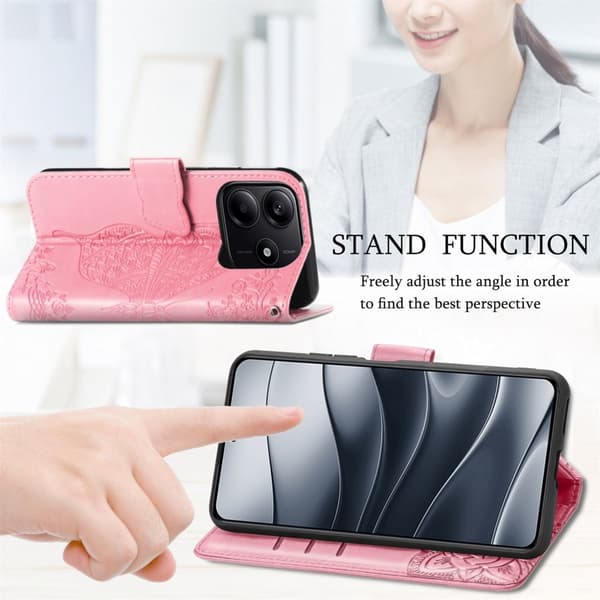 Xiaomi Redmi Note 14 5G Fodral Läder Fjäril Tryck Rosa