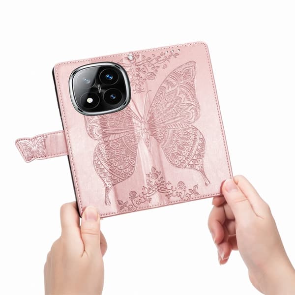 Xiaomi Redmi Note 14 Pro 5G Fodral Läder Fjäril Tryck Roséguld