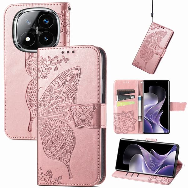 Xiaomi Redmi Note 14 Pro 5G Fodral Läder Fjäril Tryck Roséguld