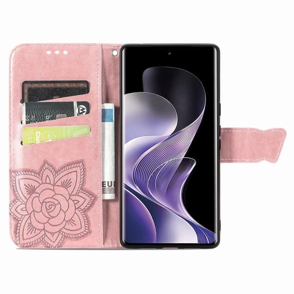 Xiaomi Redmi Note 14 Pro 5G Fodral Läder Fjäril Tryck Roséguld