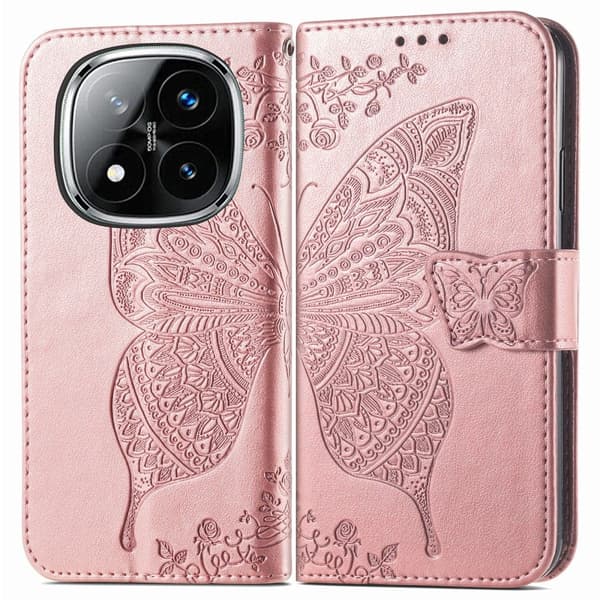 Xiaomi Redmi Note 14 Pro 5G Fodral Läder Fjäril Tryck Roséguld