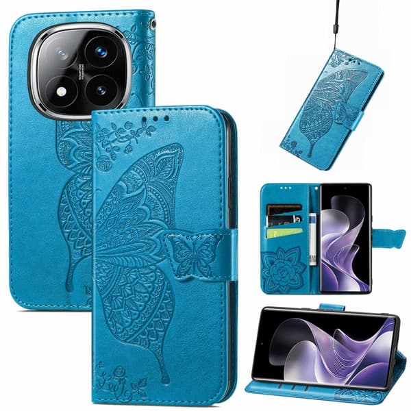 Xiaomi Redmi Note 14 Pro 5G Fodral Läder Fjäril Tryck Blå