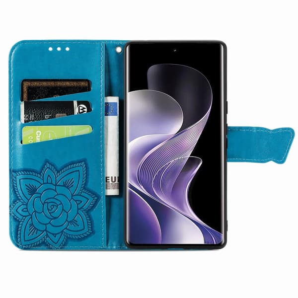 Xiaomi Redmi Note 14 Pro 5G Fodral Läder Fjäril Tryck Blå