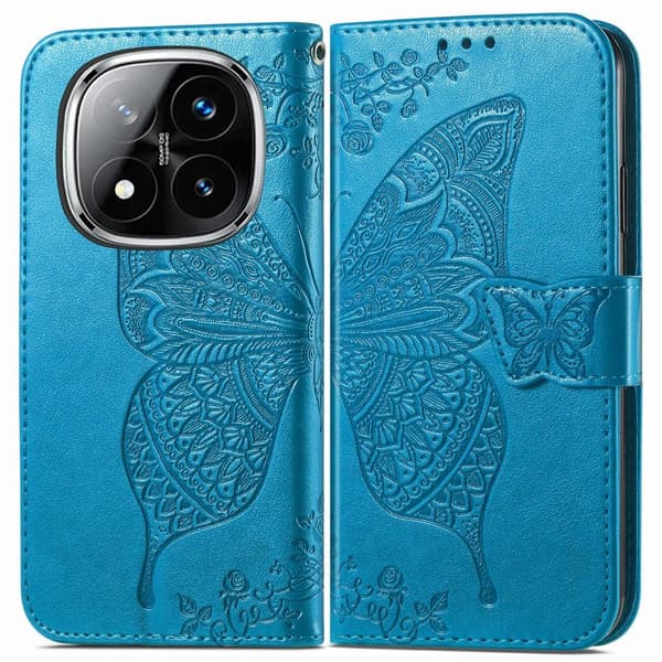 Xiaomi Redmi Note 14 Pro 5G Fodral Läder Fjäril Tryck Blå