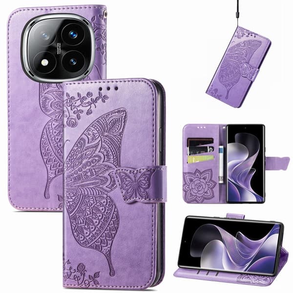 Xiaomi Redmi Note 14 Pro 5G Fodral Läder Fjäril Tryck Lila