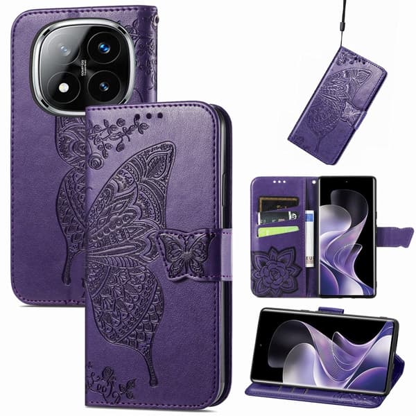 Xiaomi Redmi Note 14 Pro 5G Fodral Läder Fjäril Tryck Mörk Lila