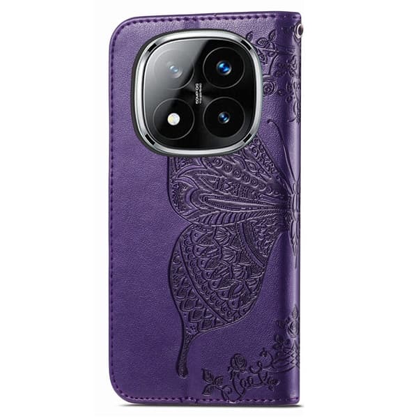 Xiaomi Redmi Note 14 Pro 5G Fodral Läder Fjäril Tryck Mörk Lila