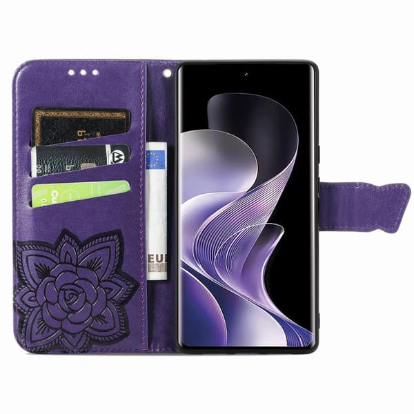 Xiaomi Redmi Note 14 Pro 5G Fodral Läder Fjäril Tryck Mörk Lila
