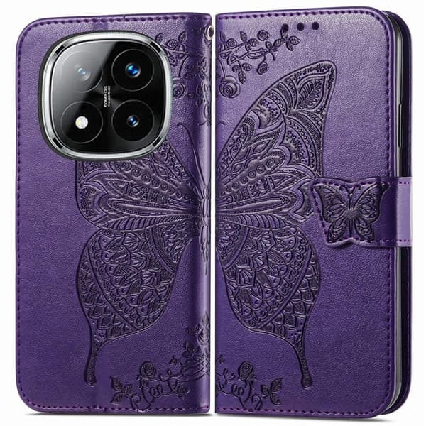 Xiaomi Redmi Note 14 Pro 5G Fodral Läder Fjäril Tryck Mörk Lila