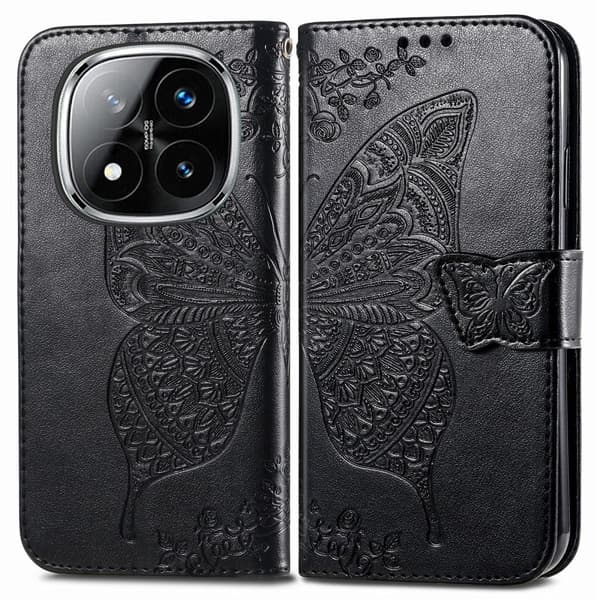 Xiaomi Redmi Note 14 Pro 5G Fodral Läder Fjäril Tryck Svart