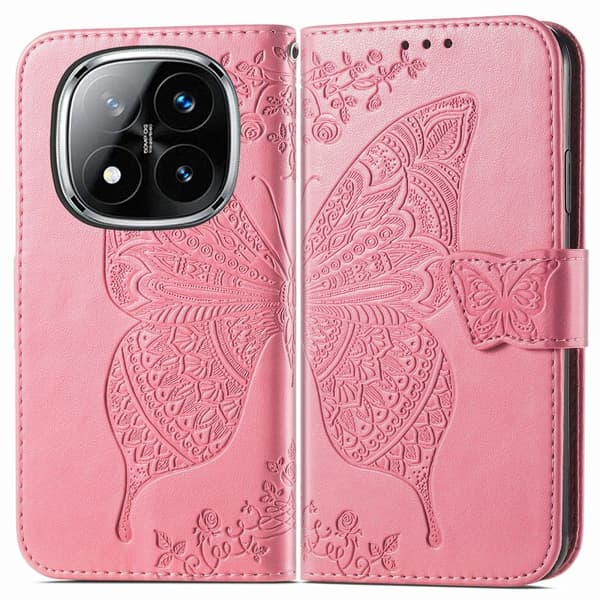 Xiaomi Redmi Note 14 Pro 5G Fodral Läder Fjäril Tryck Rosa