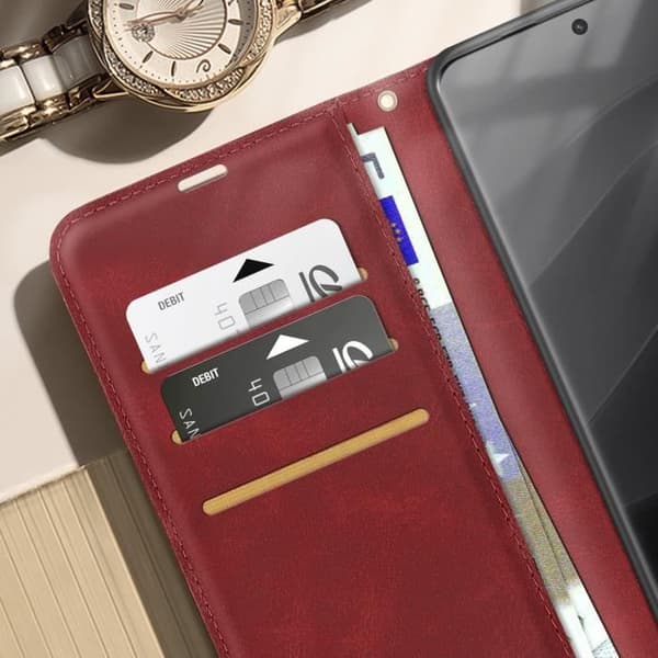 Fodral för Redmi Note 14 Pro och 14 Pro Plus Plånbok Dragkedja Bordeaux