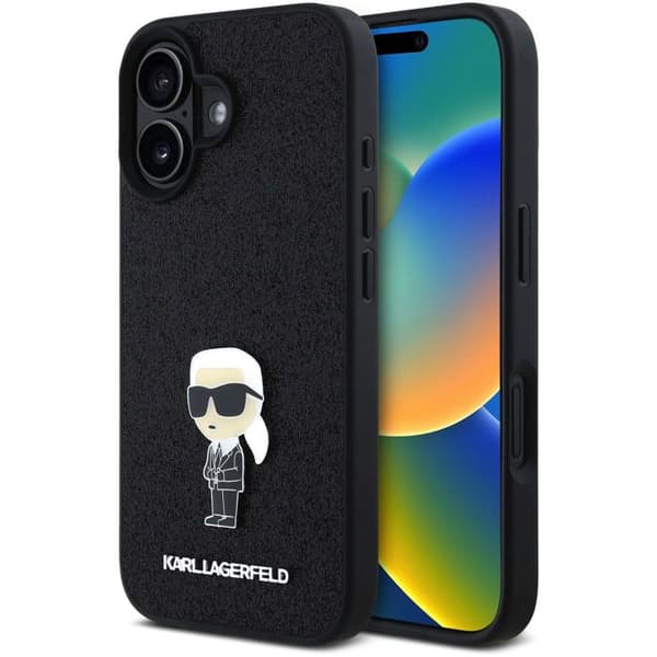 Karl Lagerfeld Fixed Glitter Metal Ikonik Baksidan Skydd för iPhone 16 Svart