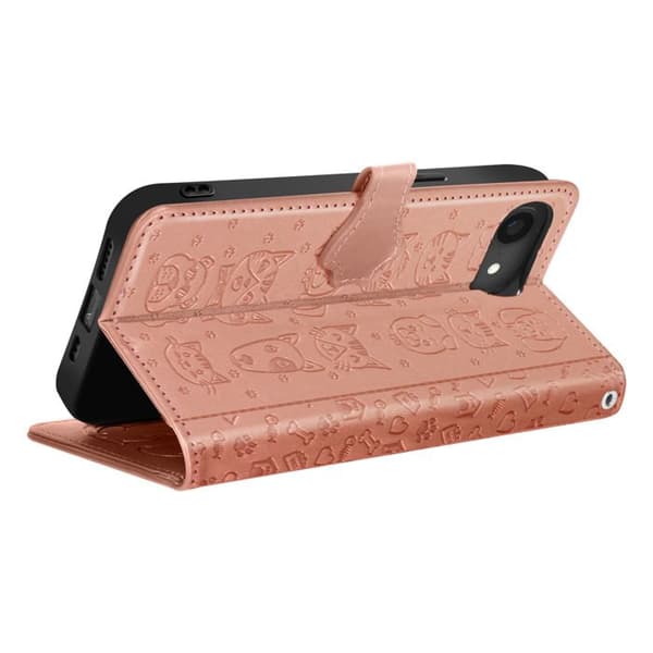 Hus till iPhone 16e Design Katt och Hund Fodral Plånbok Rosen Champagne
