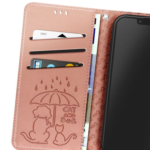 Hus till iPhone 16e Design Katt och Hund Fodral Plånbok Rosen Champagne