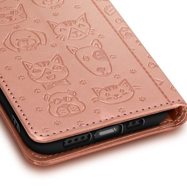 Hus till iPhone 16e Design Katt och Hund Fodral Plånbok Rosen Champagne