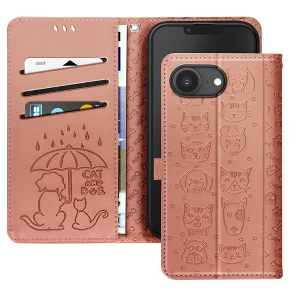 Hus till iPhone 16e Design Katt och Hund Fodral Plånbok Rosen Champagne
