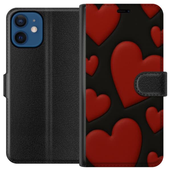 Apple iPhone 12 Lompakkokotelo Punaiset Samettisydämet