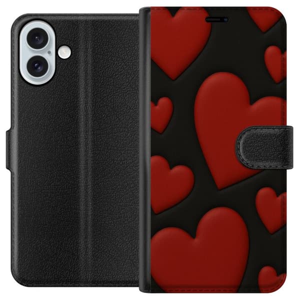 Apple iPhone 16 Plus Lompakkokotelo Punaiset Samettisydämet