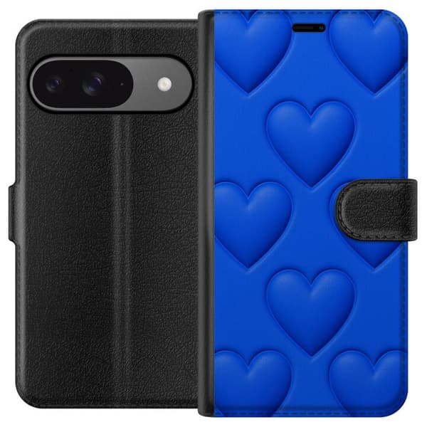 Google Pixel 9 Tegnebogsetui Blå Hjerter