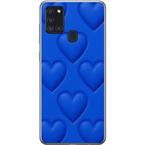 Samsung Galaxy A21s Läpinäkyvä kuori Siniset Sydämet