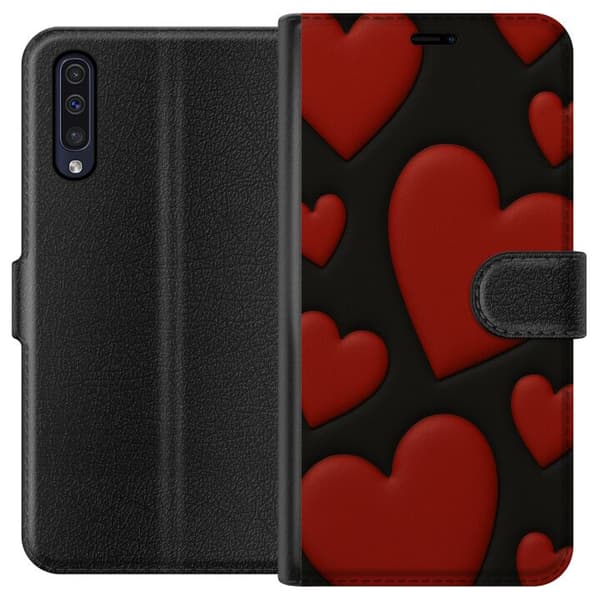 Samsung Galaxy A50 Tegnebogsetui Rød Fløjlshjerter