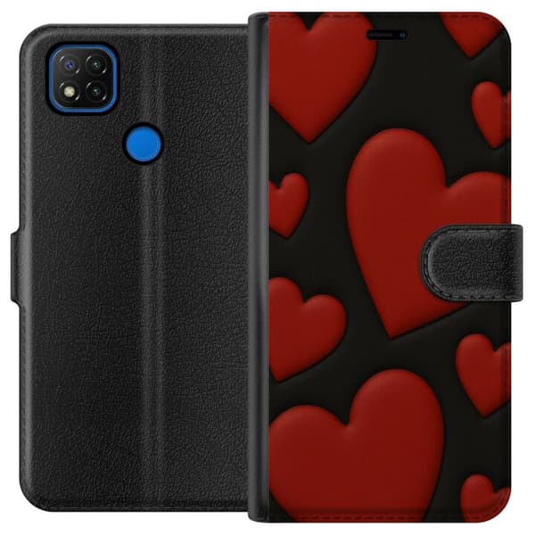 Xiaomi Redmi 9C Lommeboketui Røde Fløyels hjerter