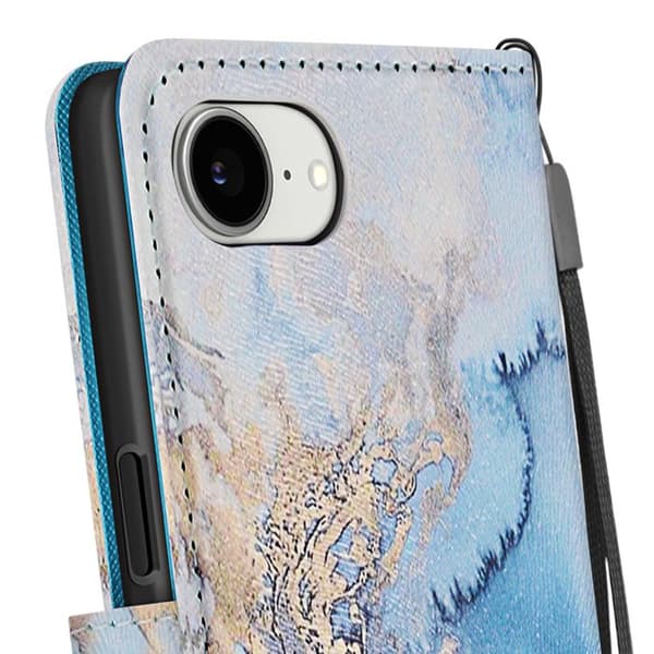 Étui för iPhone 16e Marmor Oceanmönster med handledsrem och kortfack Blå