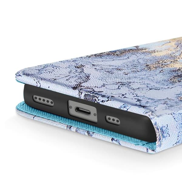 Étui för iPhone 16e Marmor Oceanmönster med handledsrem och kortfack Blå