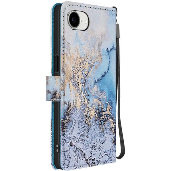 Étui för iPhone 16e Marmor Oceanmönster med handledsrem och kortfack Blå