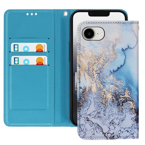 Étui för iPhone 16e Marmor Oceanmönster med handledsrem och kortfack Blå