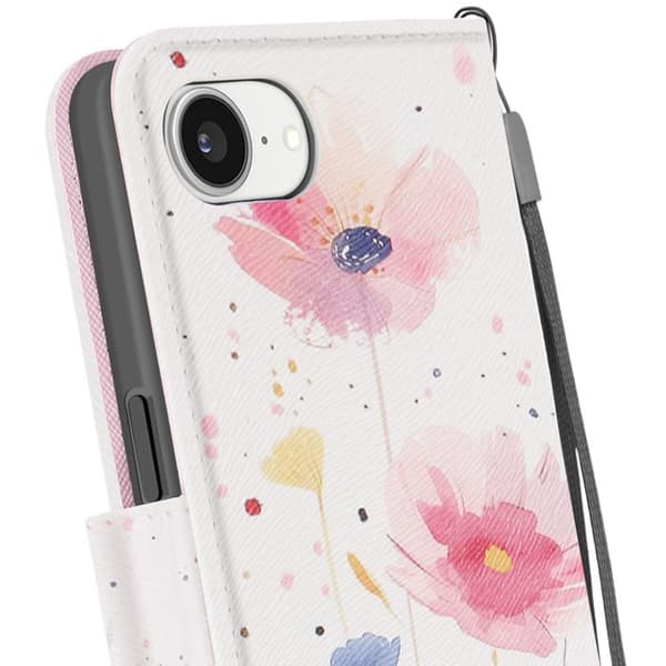 Etui för iPhone 16e Blommönster med Handrem och Kortfack Vit