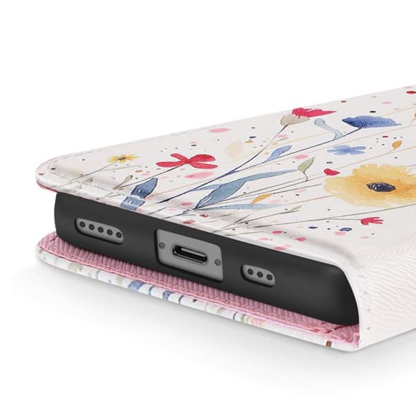 Etui för iPhone 16e Blommönster med Handrem och Kortfack Vit