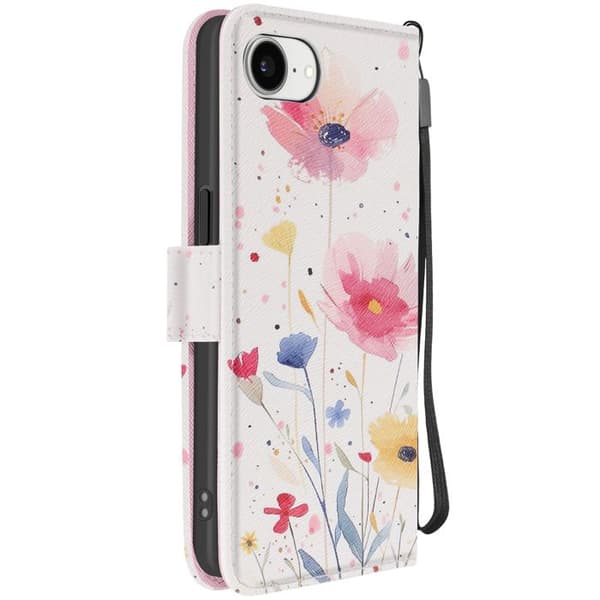Etui för iPhone 16e Blommönster med Handrem och Kortfack Vit